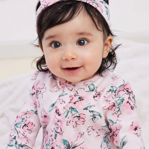 Little Me - NWOT - Dream Floral Pink and Green Footie One Piece Sleeper - Picture 1 of 5